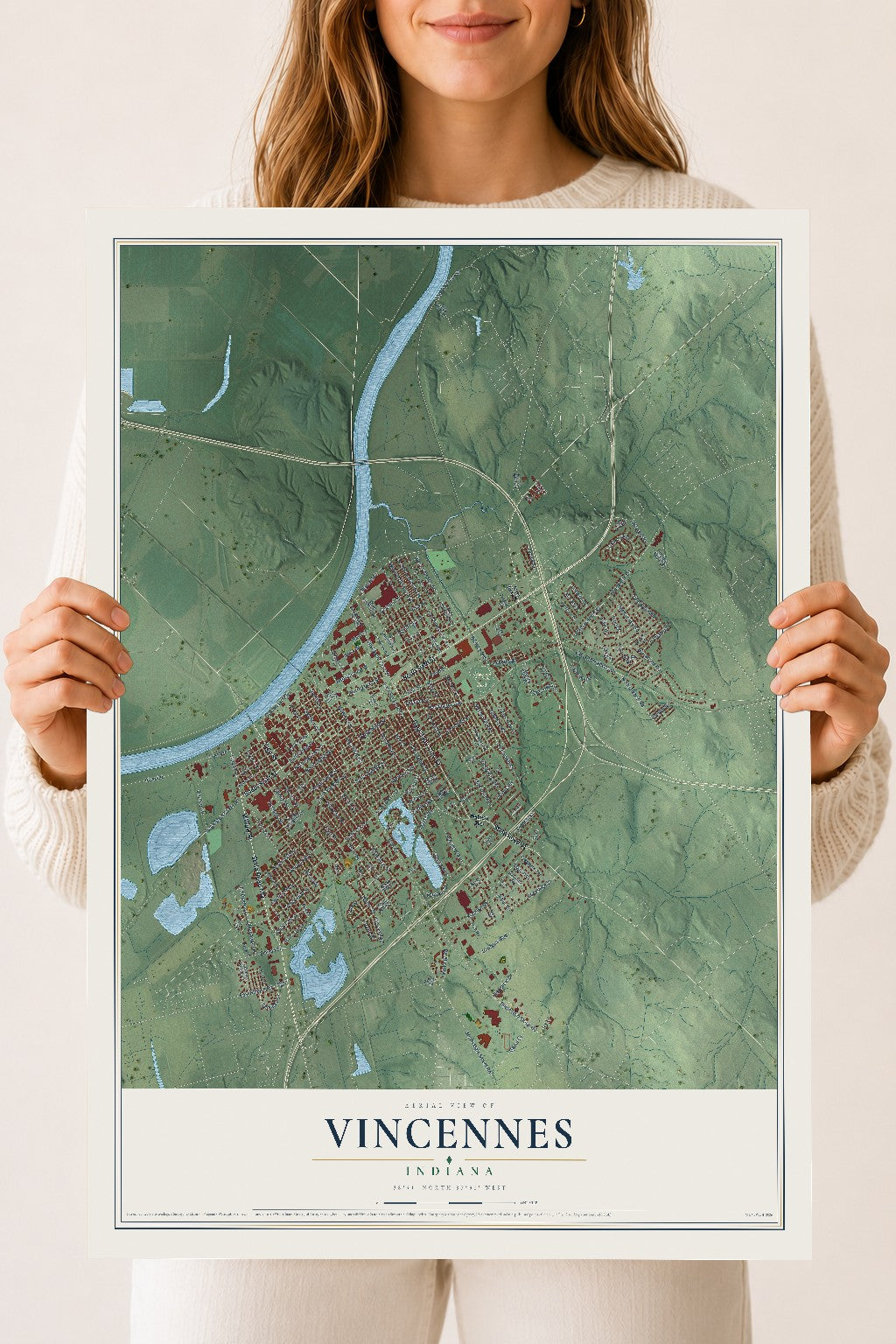 Map of Vincennes, Indiana, 18 x 24 inch unframed archival matte print