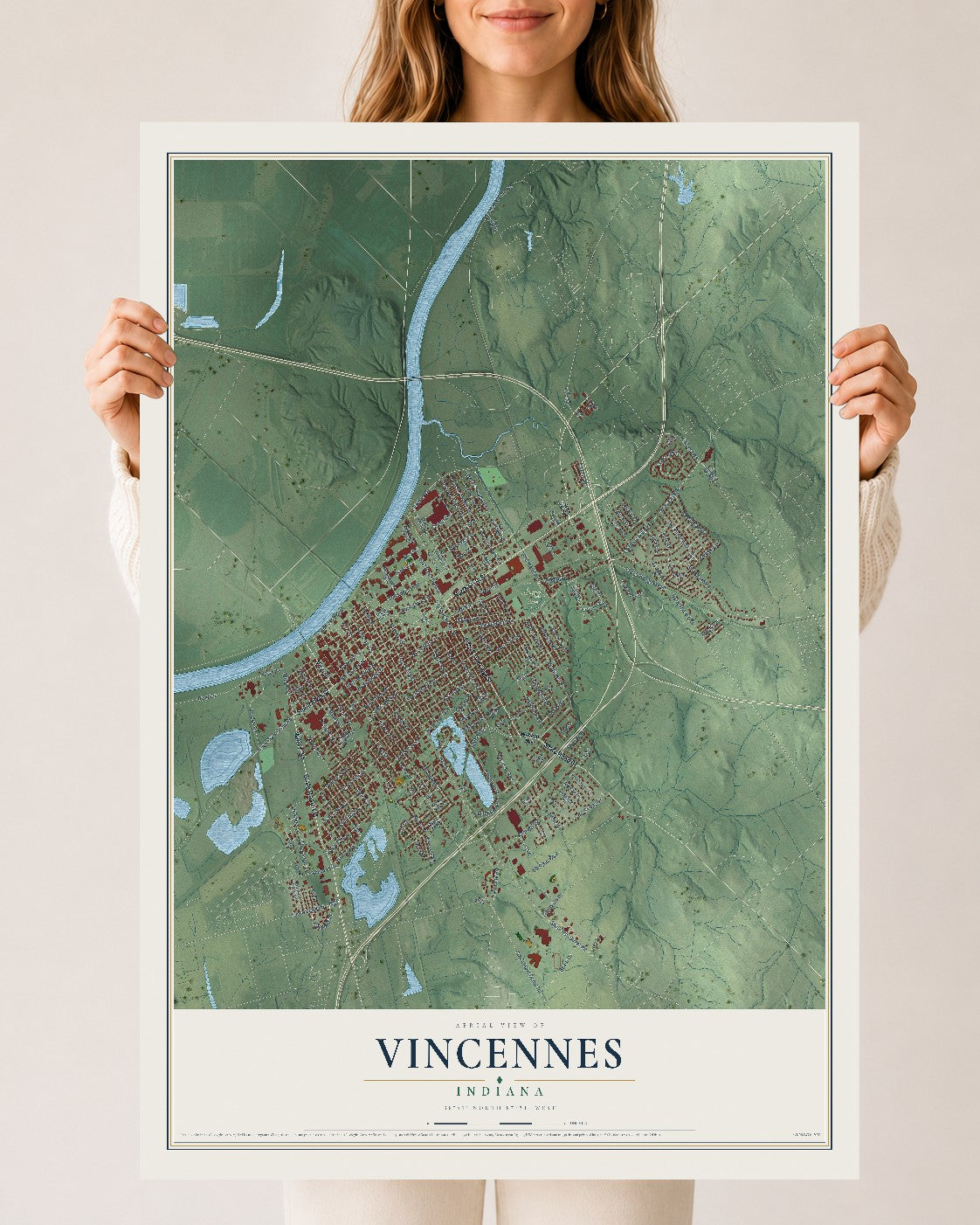 Map of Vincennes, Indiana, 24 x 36 inch unframed archival matte print