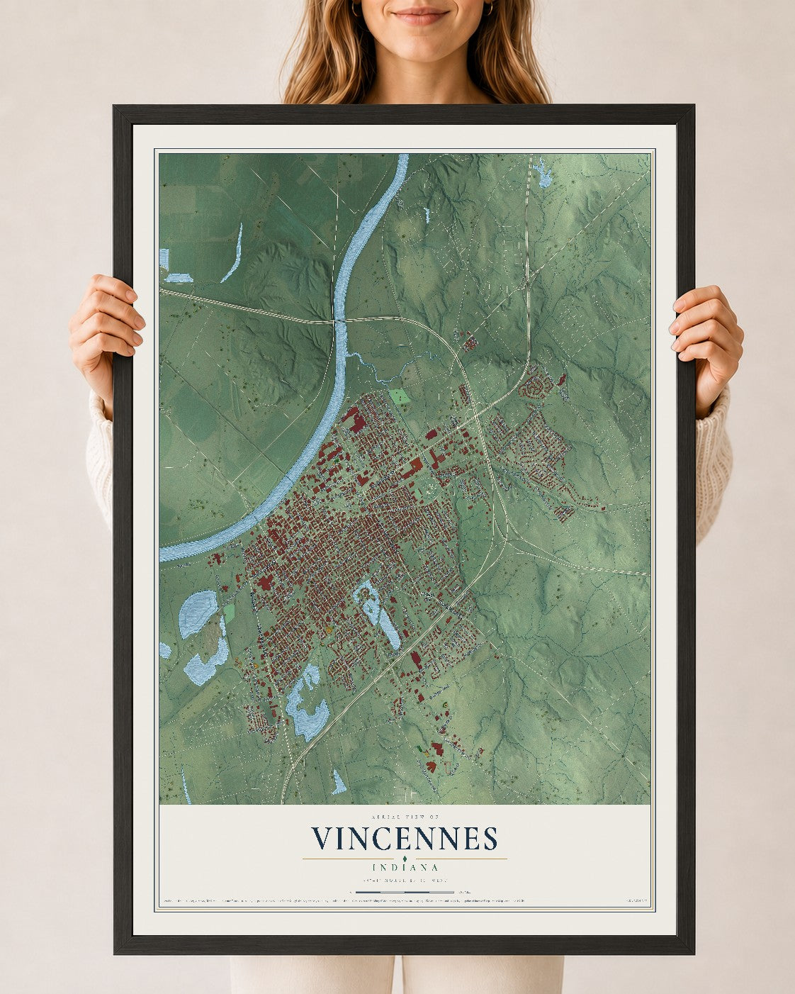 Map of Vincennes, Indiana, 24 x 36 inch print in a black wood frame