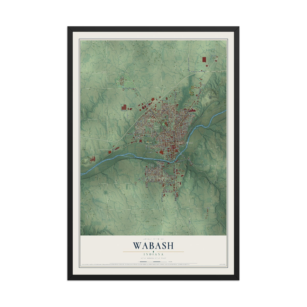 Map of Wabash, Indiana, 12 x 18 inch print in a black wood frame