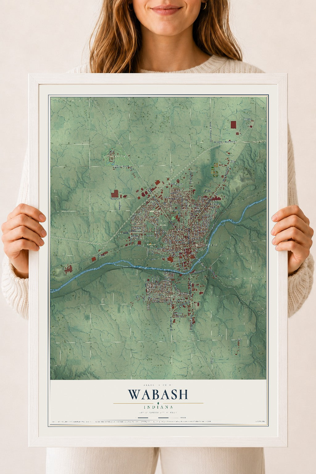 Map of Wabash, Indiana, 18 x 24 inch print in a white wood frame