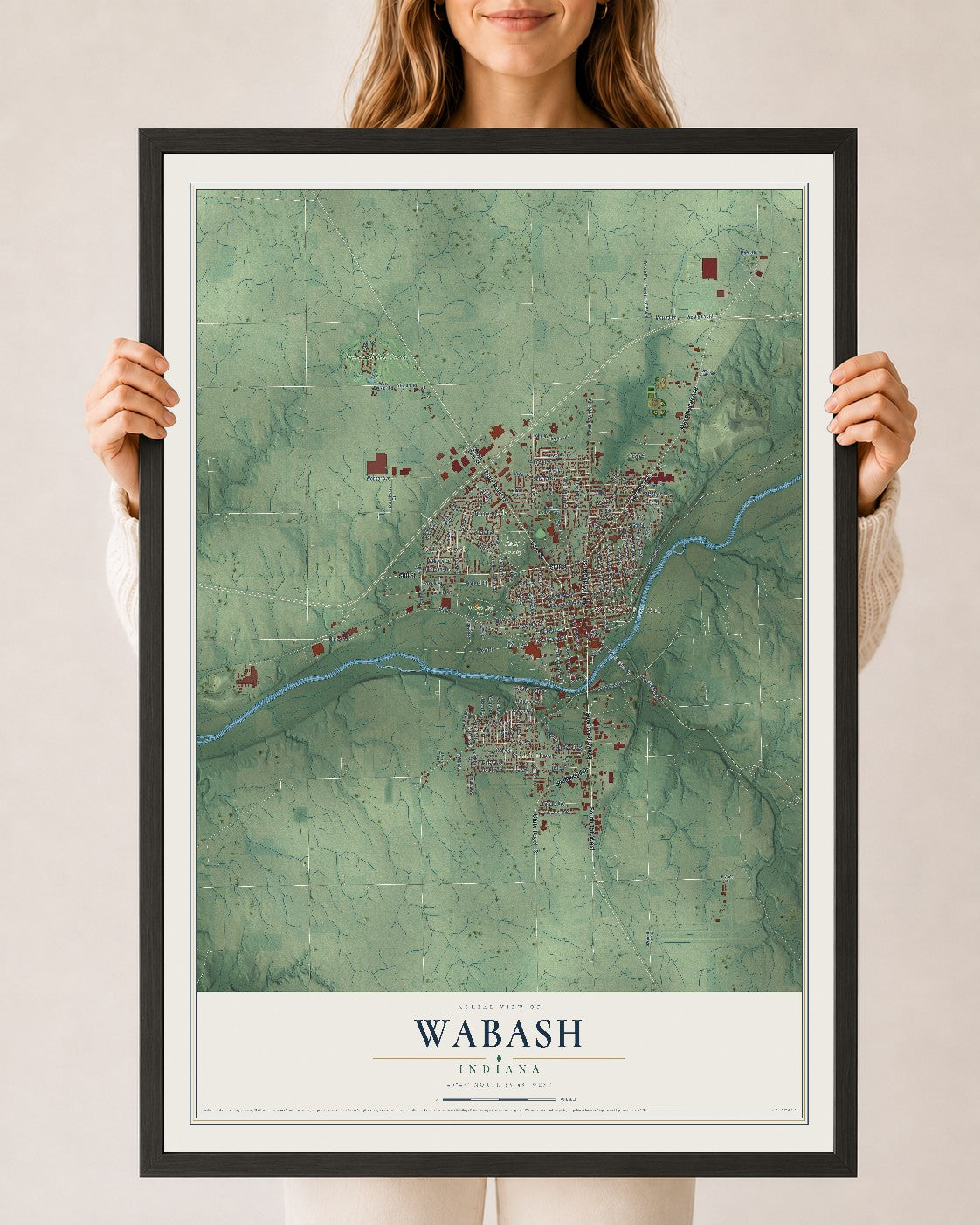 Map of Wabash, Indiana, 24 x 36 inch print in a black wood frame