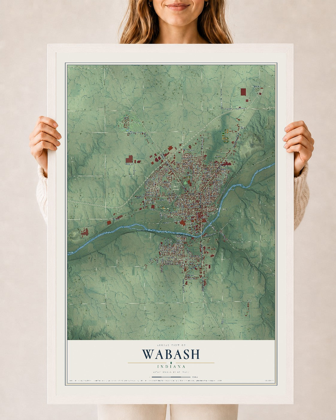 Map of Wabash, Indiana, 24 x 36 inch print in a white wood frame