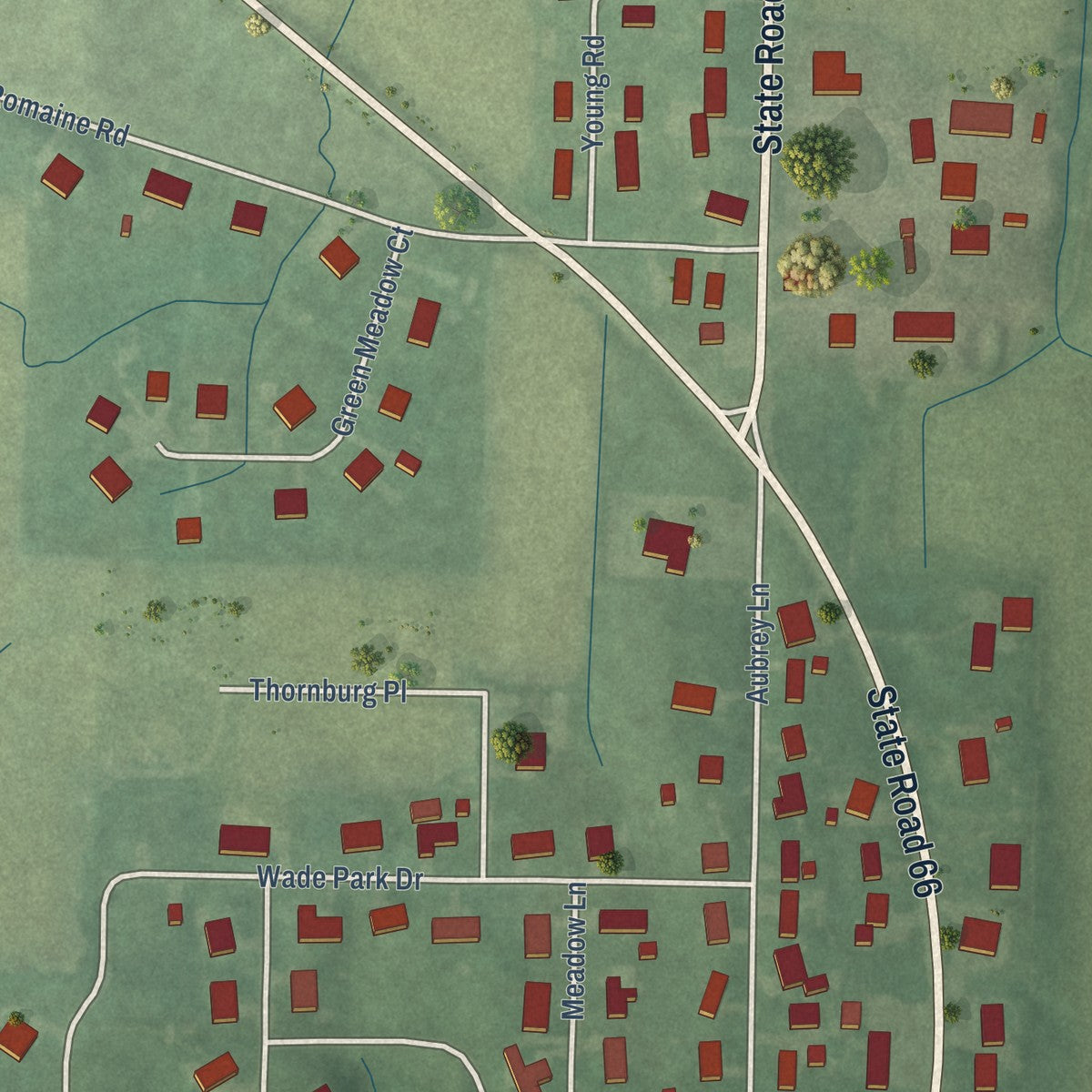 Close-up of the map of Wadesville, Indiana print showing street and building detail