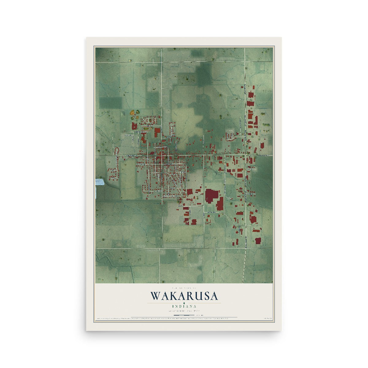 Map of Wakarusa, Indiana, 12 x 18 inch unframed archival matte print