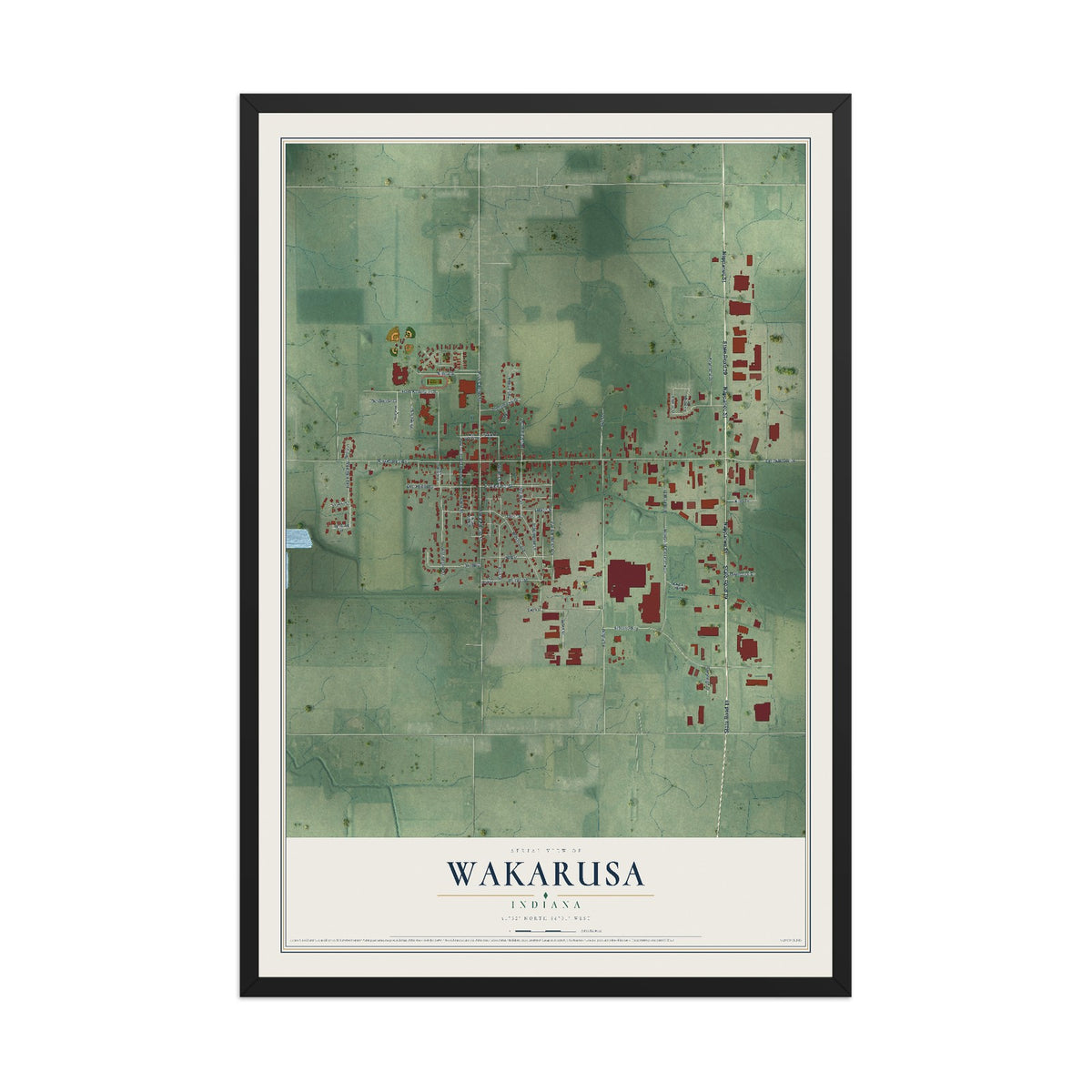 Map of Wakarusa, Indiana, 12 x 18 inch print in a black wood frame
