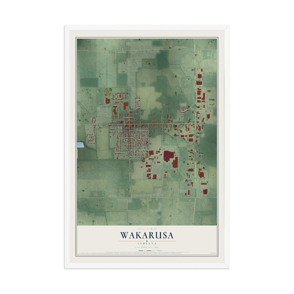 Map of Wakarusa, Indiana, 12 x 18 inch print in a white wood frame
