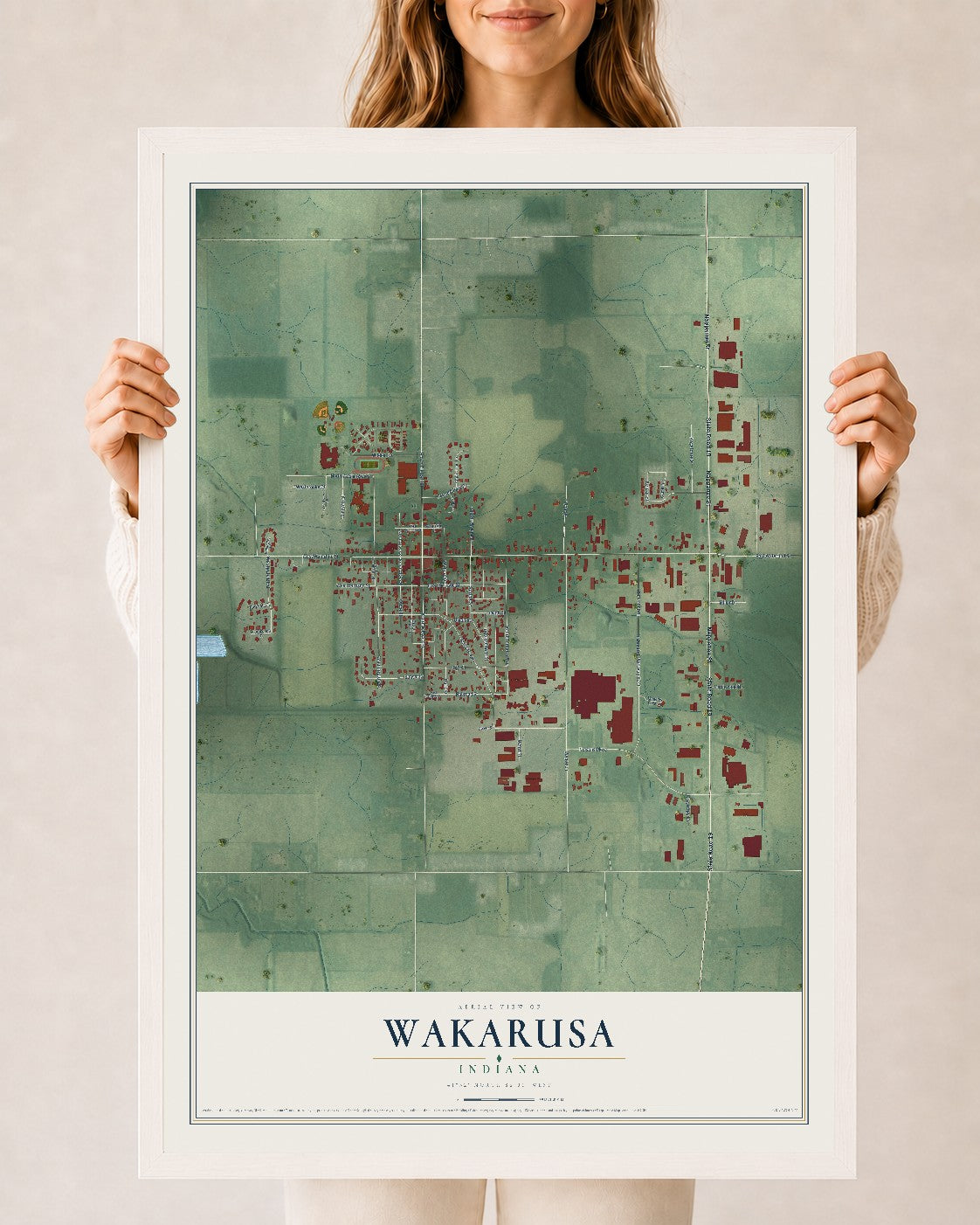 Map of Wakarusa, Indiana, 24 x 36 inch print in a white wood frame