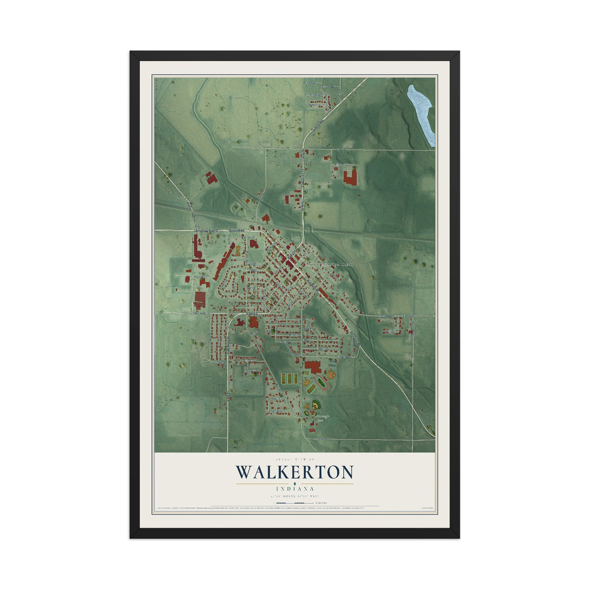 Map of Walkerton, Indiana, 12 x 18 inch print in a black wood frame