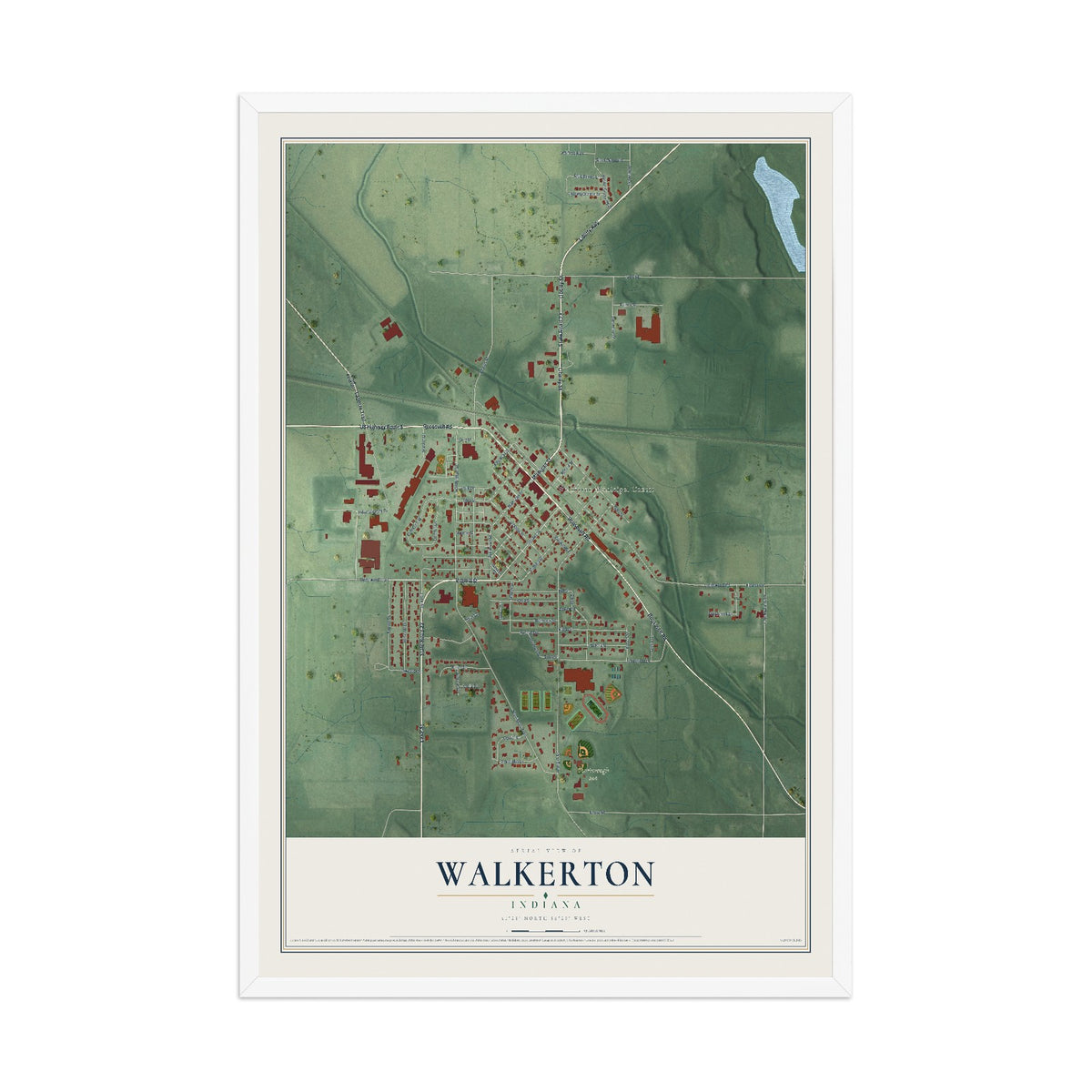Map of Walkerton, Indiana, 12 x 18 inch print in a white wood frame