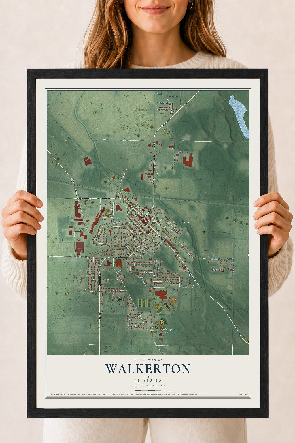 Map of Walkerton, Indiana, 18 x 24 inch print in a black wood frame