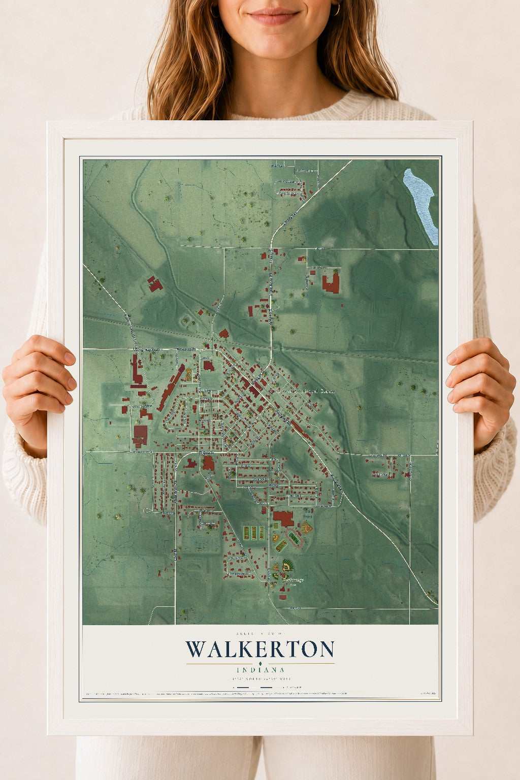 Map of Walkerton, Indiana, 18 x 24 inch print in a white wood frame