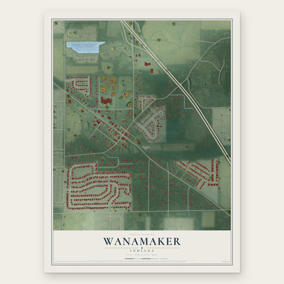 Wanamaker, Indiana map print, the full design
