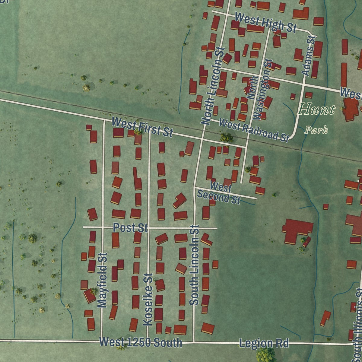 Second close-up of the map of Wanatah, Indiana print showing more streets and buildings