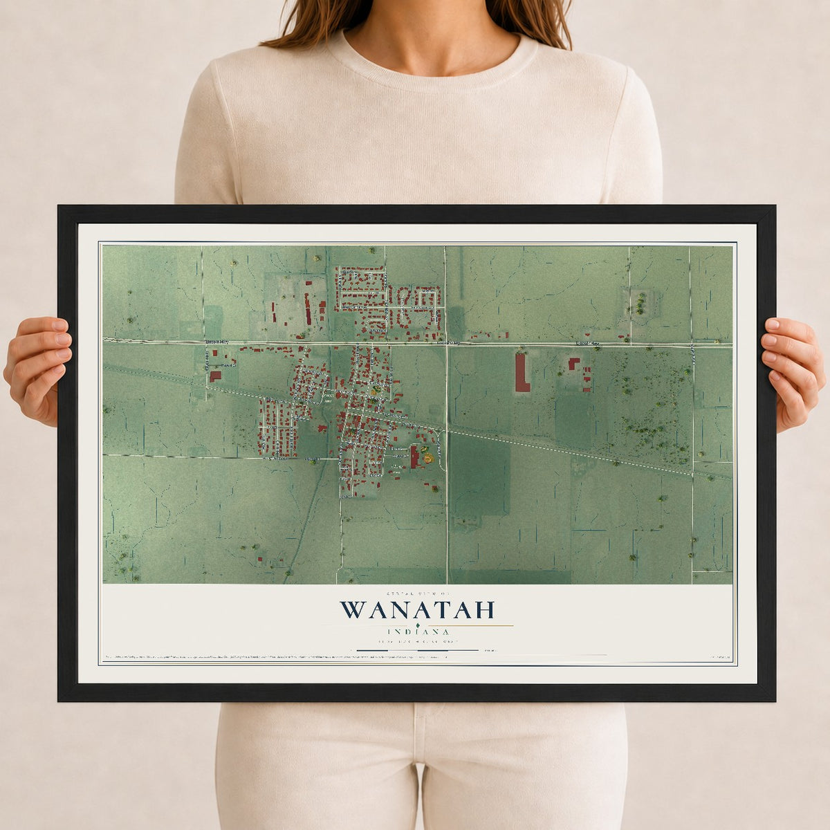 Map of Wanatah, Indiana, 12 x 18 inch print in a black wood frame