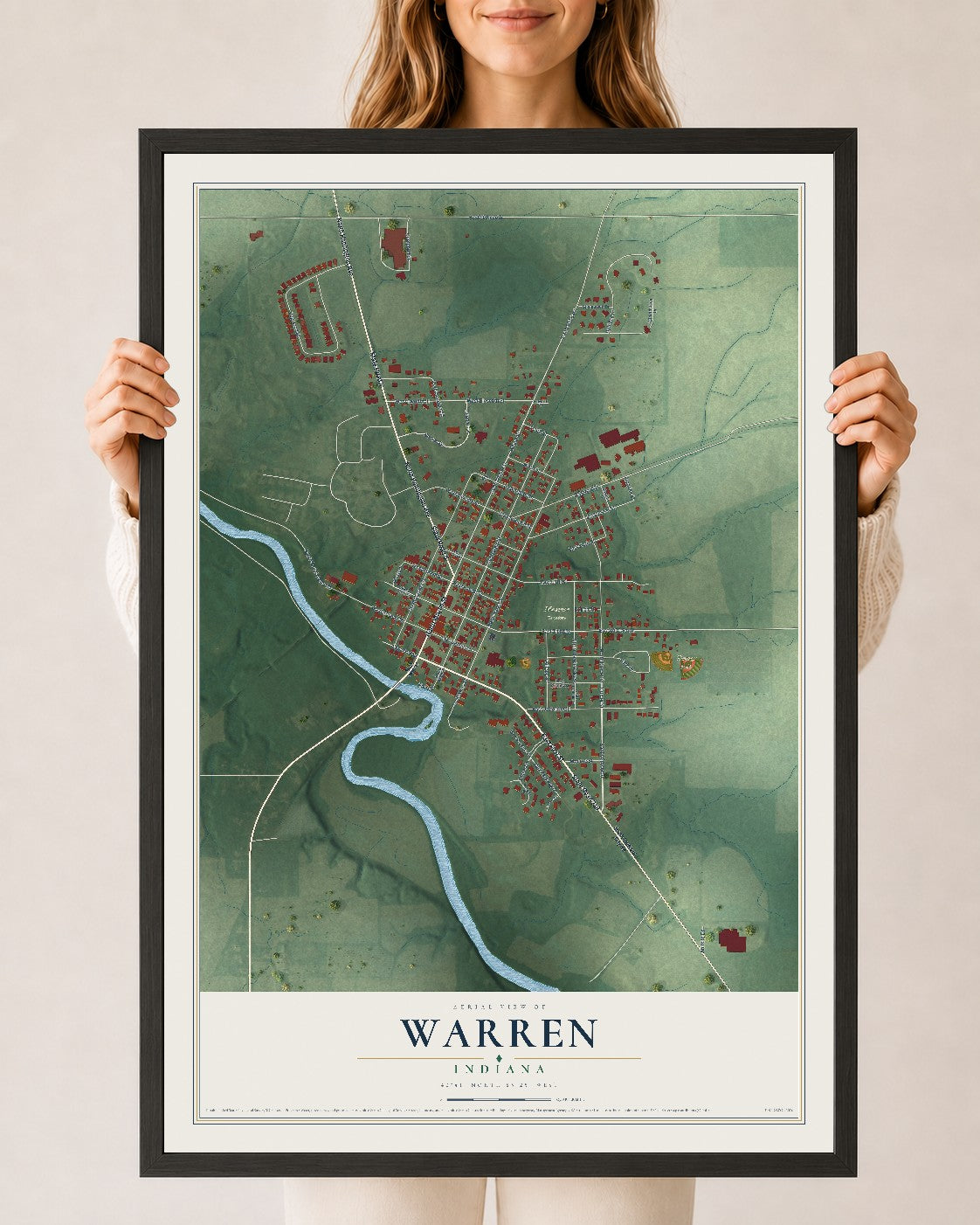 Map of Warren, Indiana, 24 x 36 inch print in a black wood frame