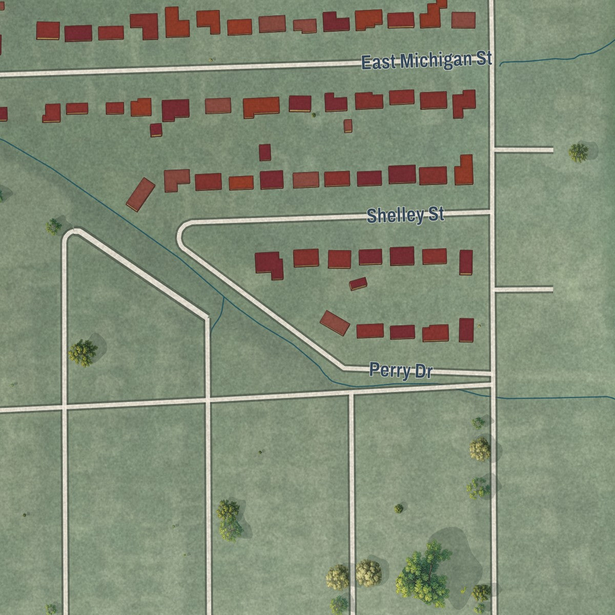 Second close-up of the map of Warren Park, Indiana print showing more streets and buildings