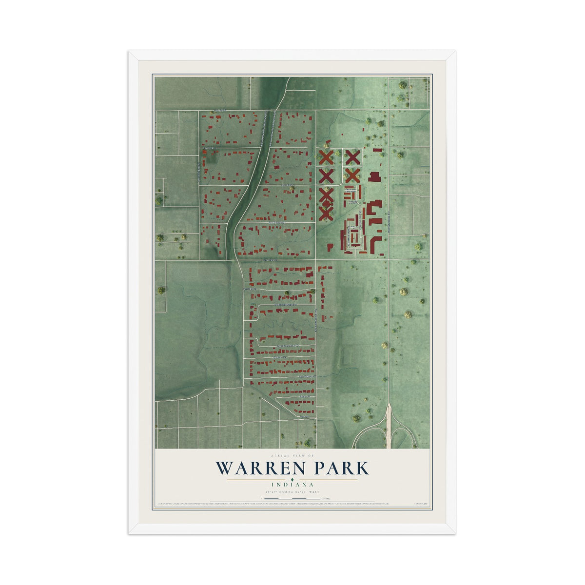 Map of Warren Park, Indiana, 12 x 18 inch print in a white wood frame
