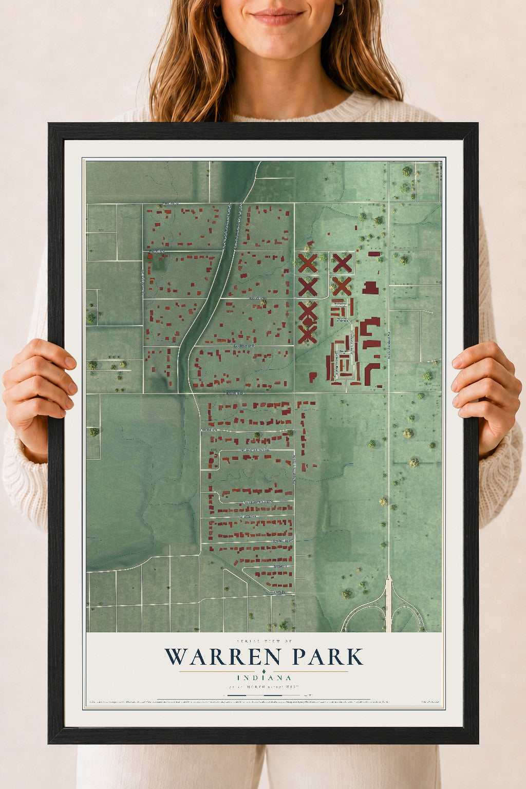 Map of Warren Park, Indiana, 18 x 24 inch print in a black wood frame