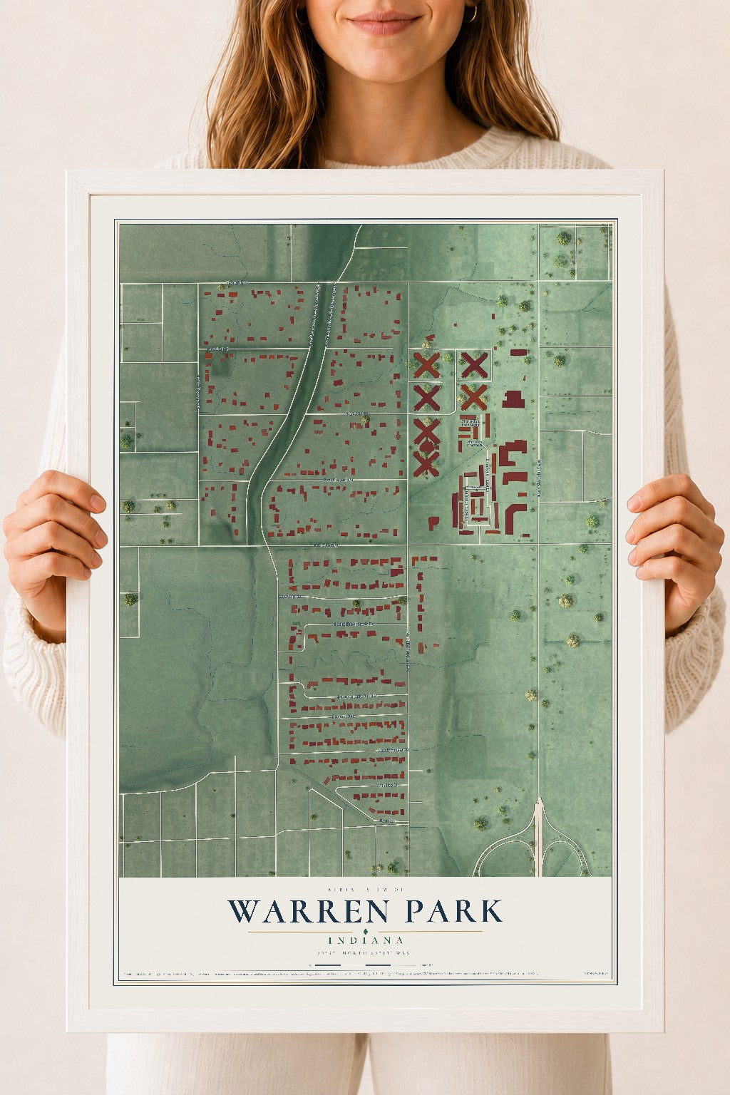 Map of Warren Park, Indiana, 18 x 24 inch print in a white wood frame