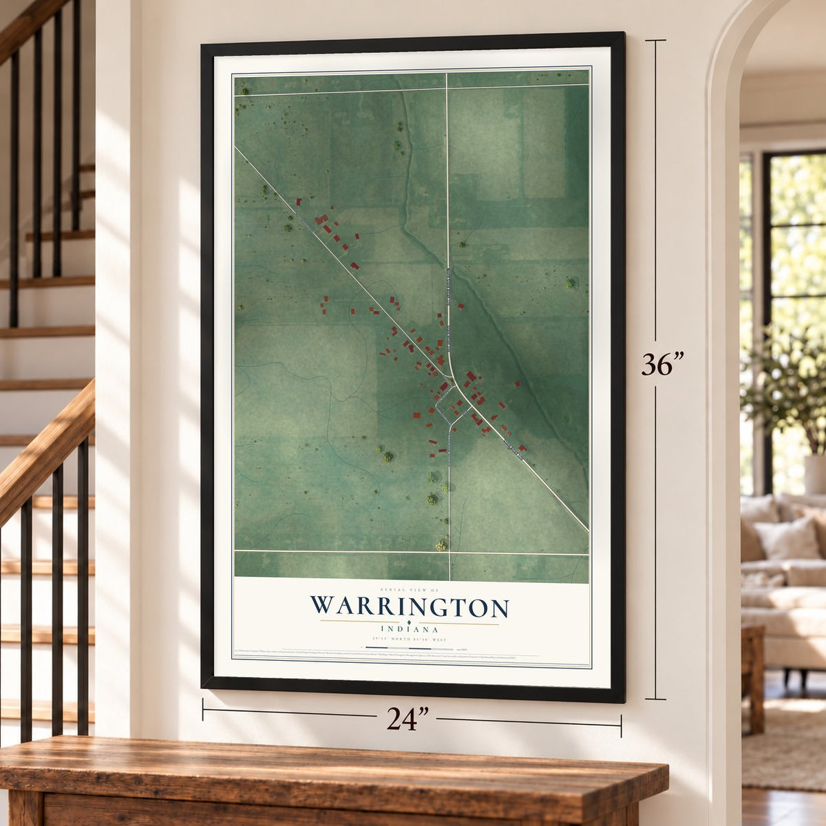 Warrington, Indiana map, 24 x 36 inch print in a black frame by a staircase