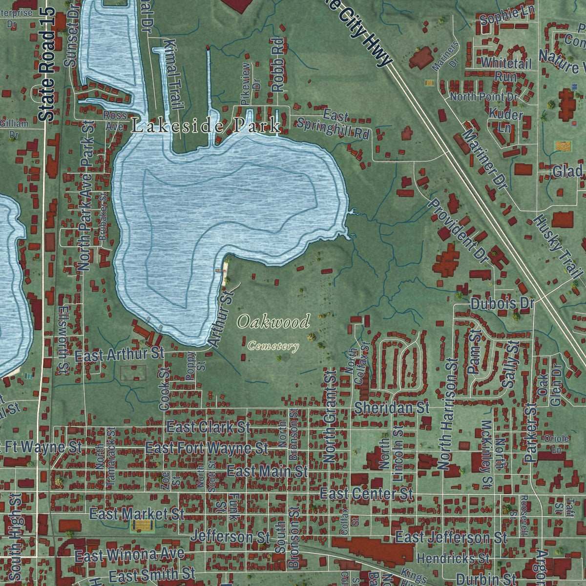 Close-up of the map of Warsaw, Indiana print showing street and building detail
