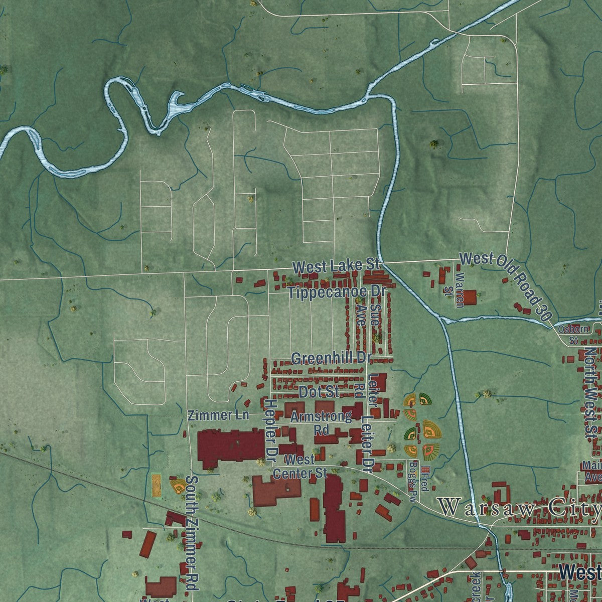 Second close-up of the map of Warsaw, Indiana print showing more streets and buildings
