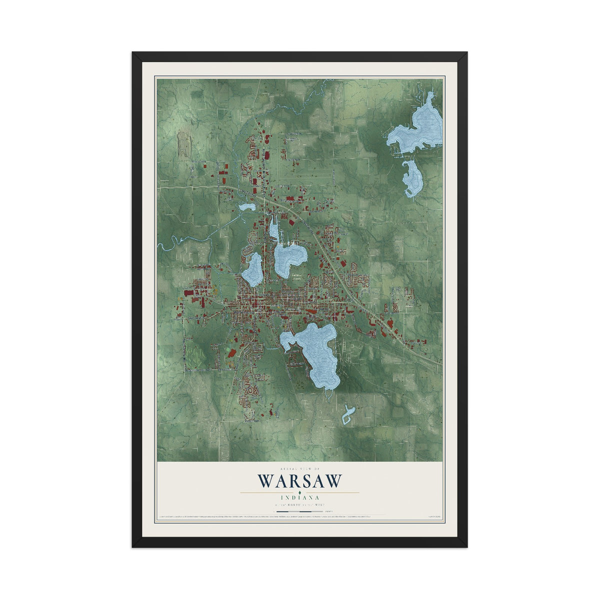 Map of Warsaw, Indiana, 12 x 18 inch print in a black wood frame