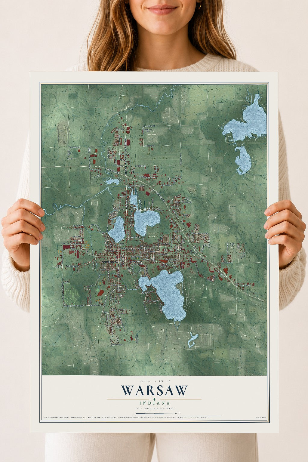 Map of Warsaw, Indiana, 18 x 24 inch unframed archival matte print