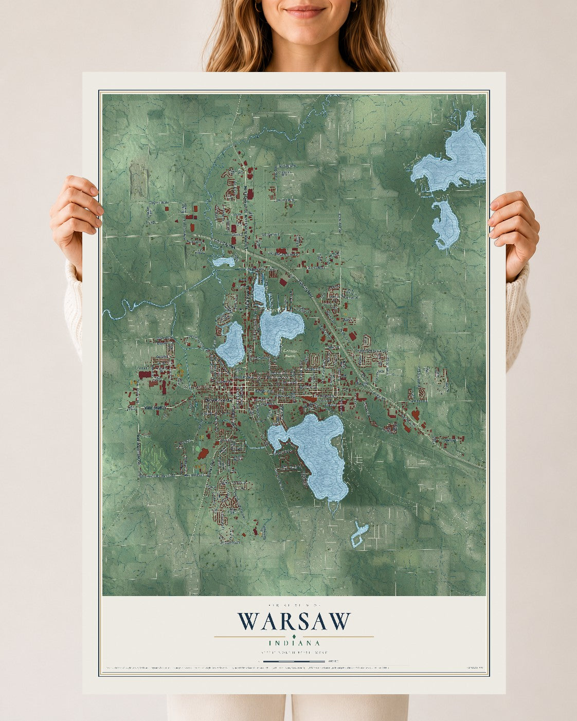 Map of Warsaw, Indiana, 24 x 36 inch unframed archival matte print
