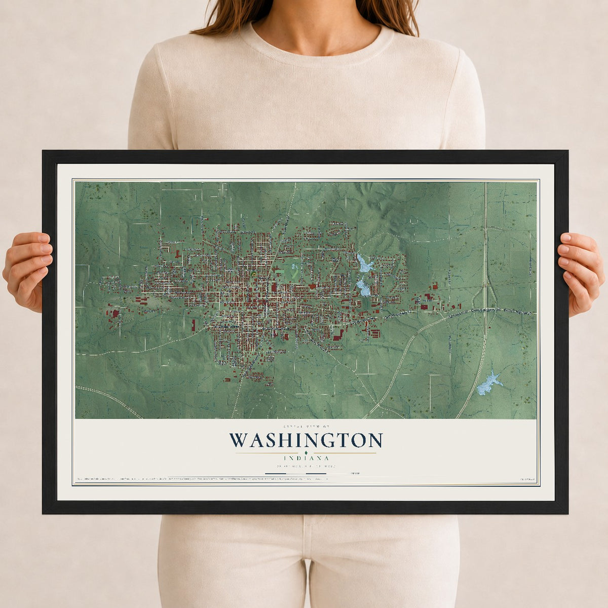 Map of Washington, Indiana, 12 x 18 inch print in a black wood frame
