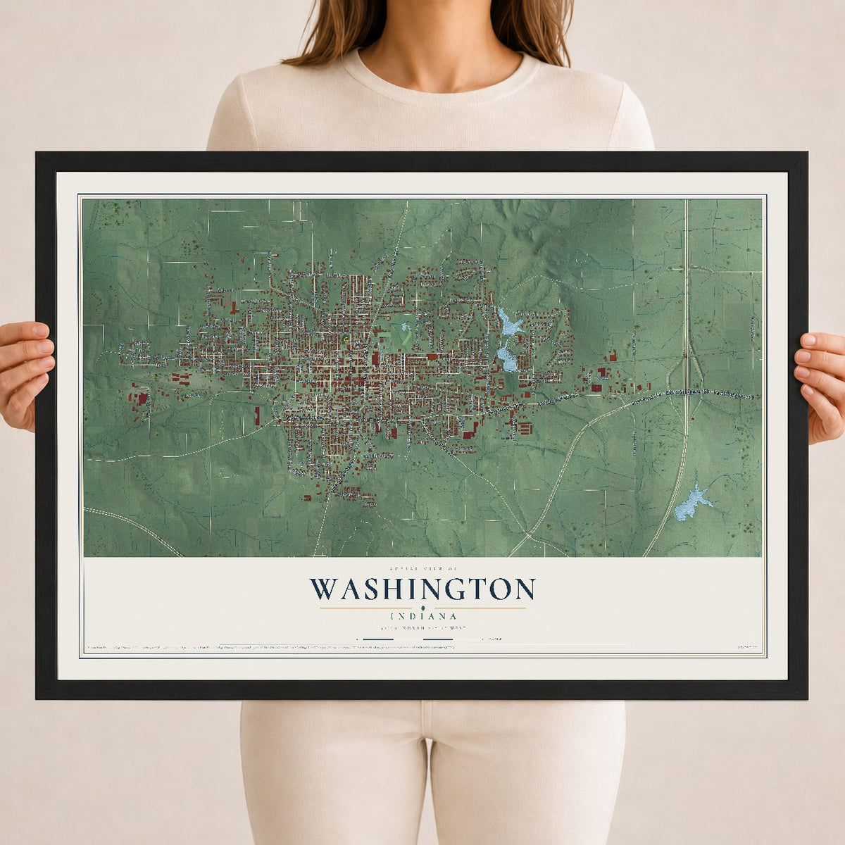 Map of Washington, Indiana, 18 x 24 inch print in a black wood frame