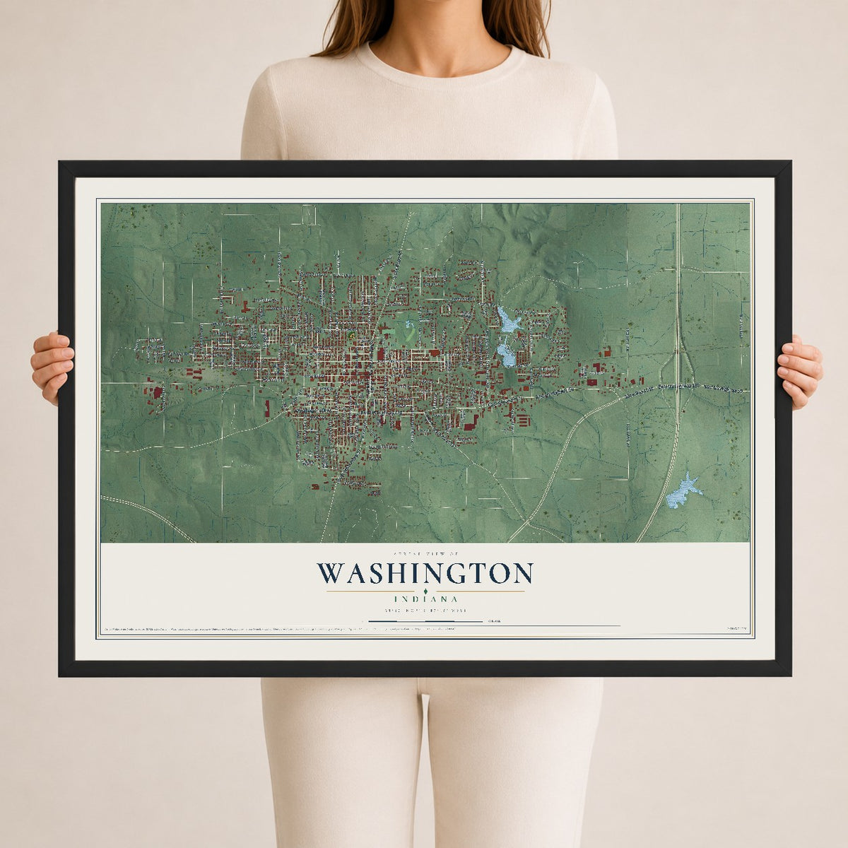 Map of Washington, Indiana, 24 x 36 inch print in a black wood frame