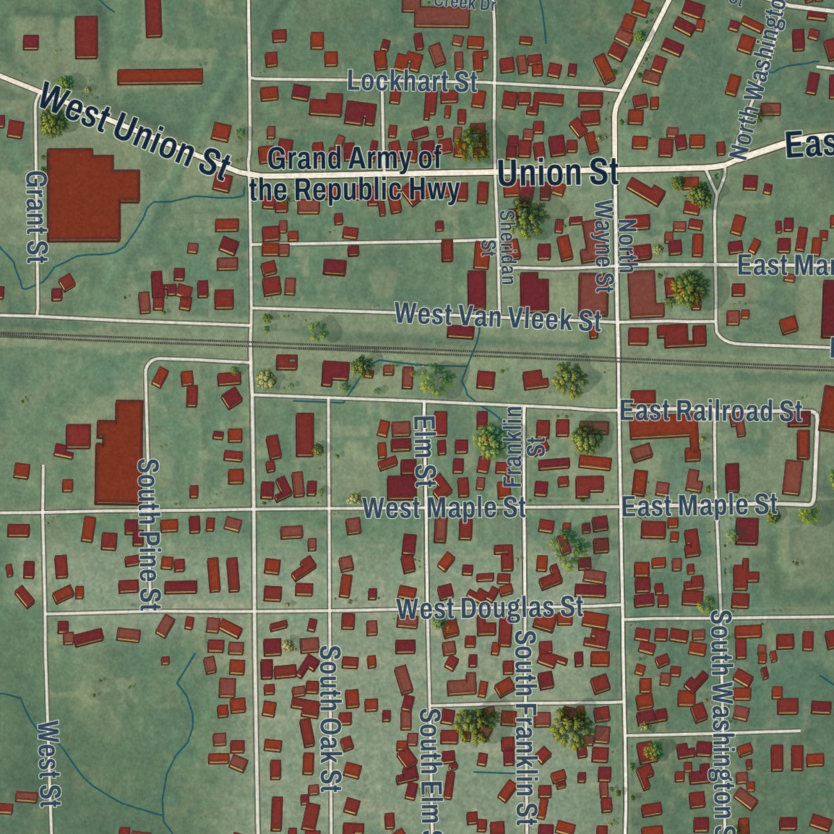 Close-up of the map of Waterloo, Indiana print showing street and building detail