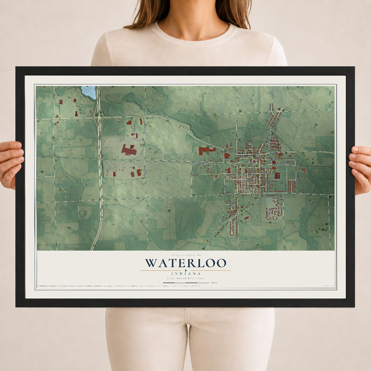Map of Waterloo, Indiana, 18 x 24 inch print in a black wood frame