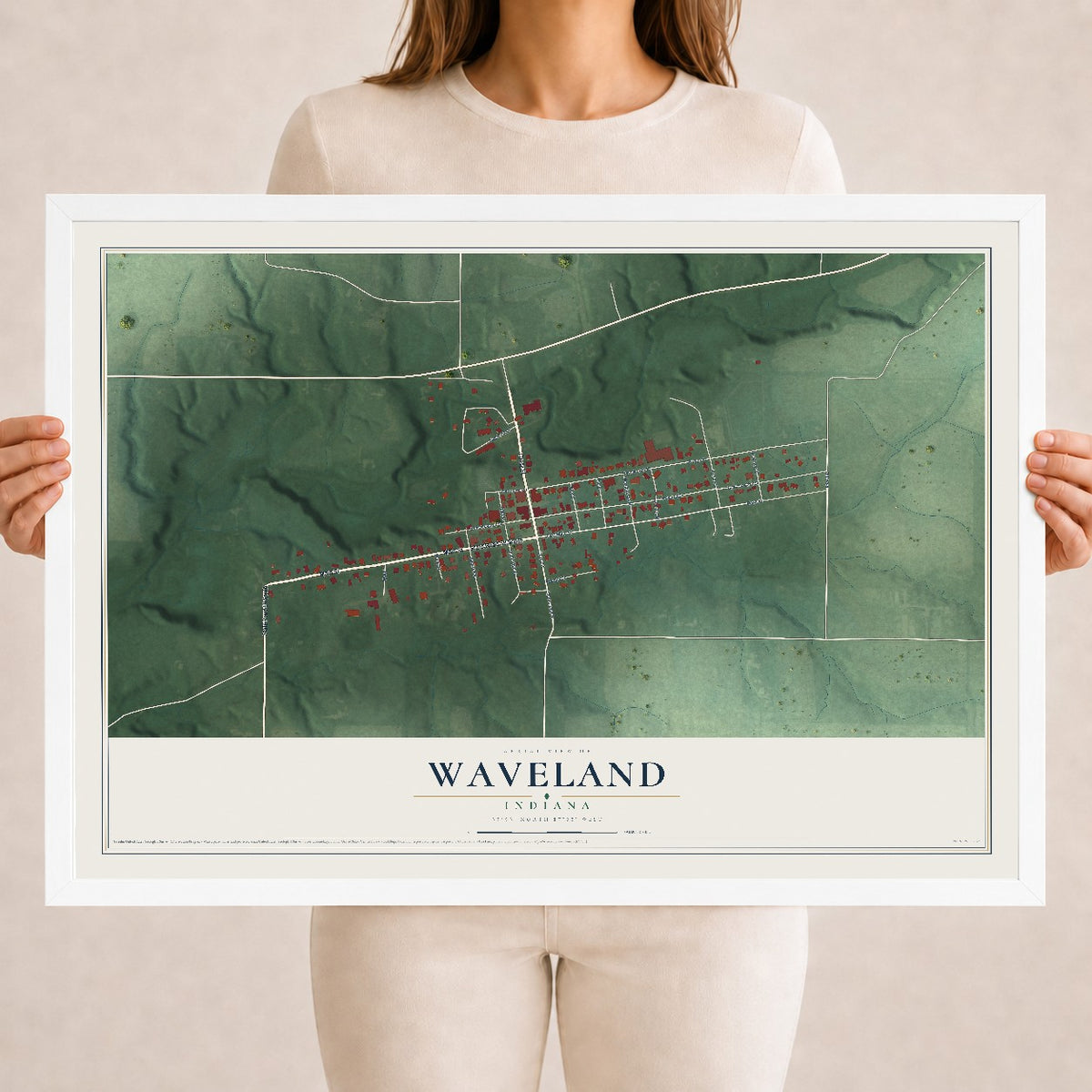 Map of Waveland, Indiana, 18 x 24 inch print in a white wood frame