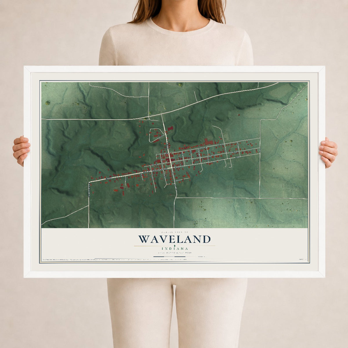 Map of Waveland, Indiana, 24 x 36 inch print in a white wood frame