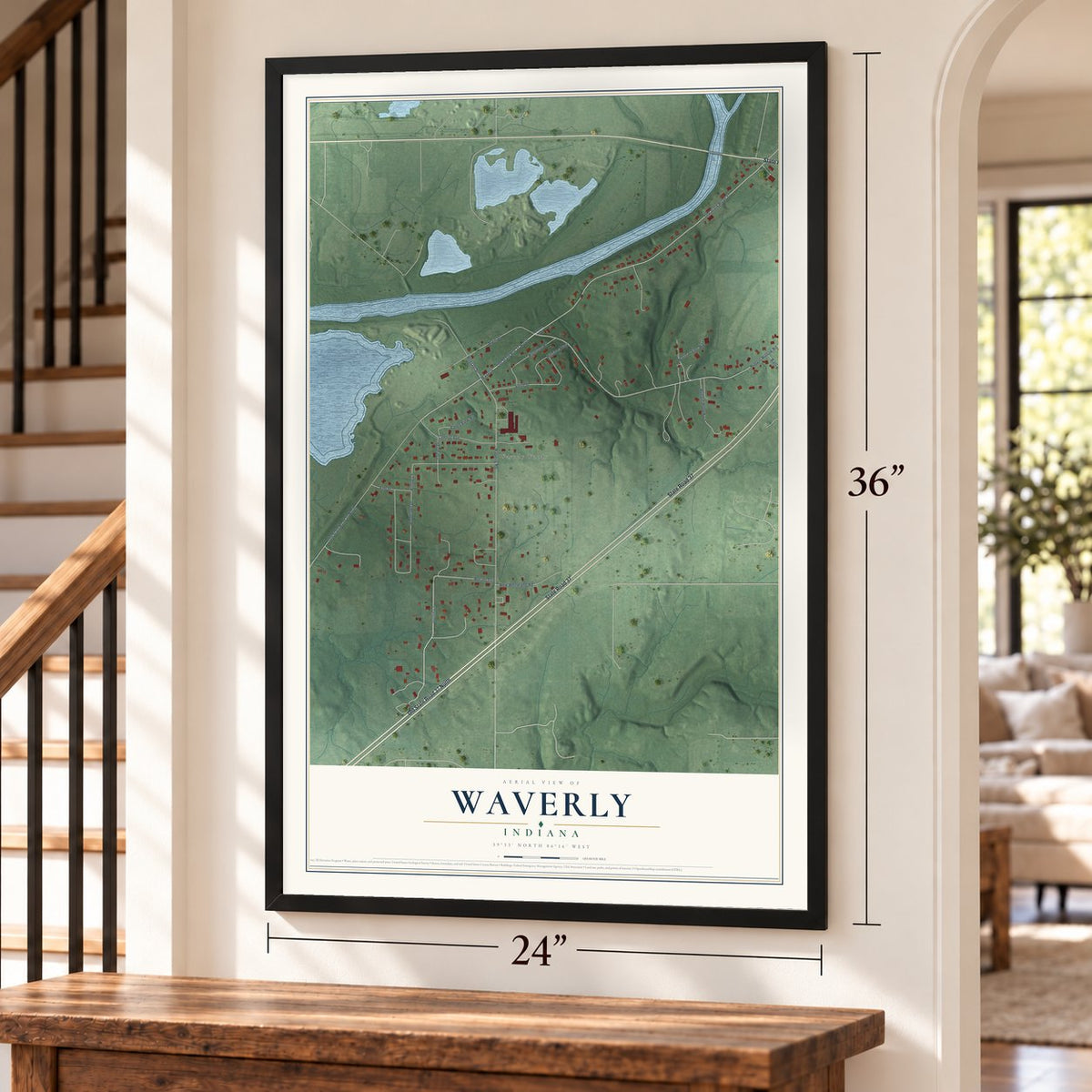 Waverly, Indiana map, 24 x 36 inch print in a black frame by a staircase