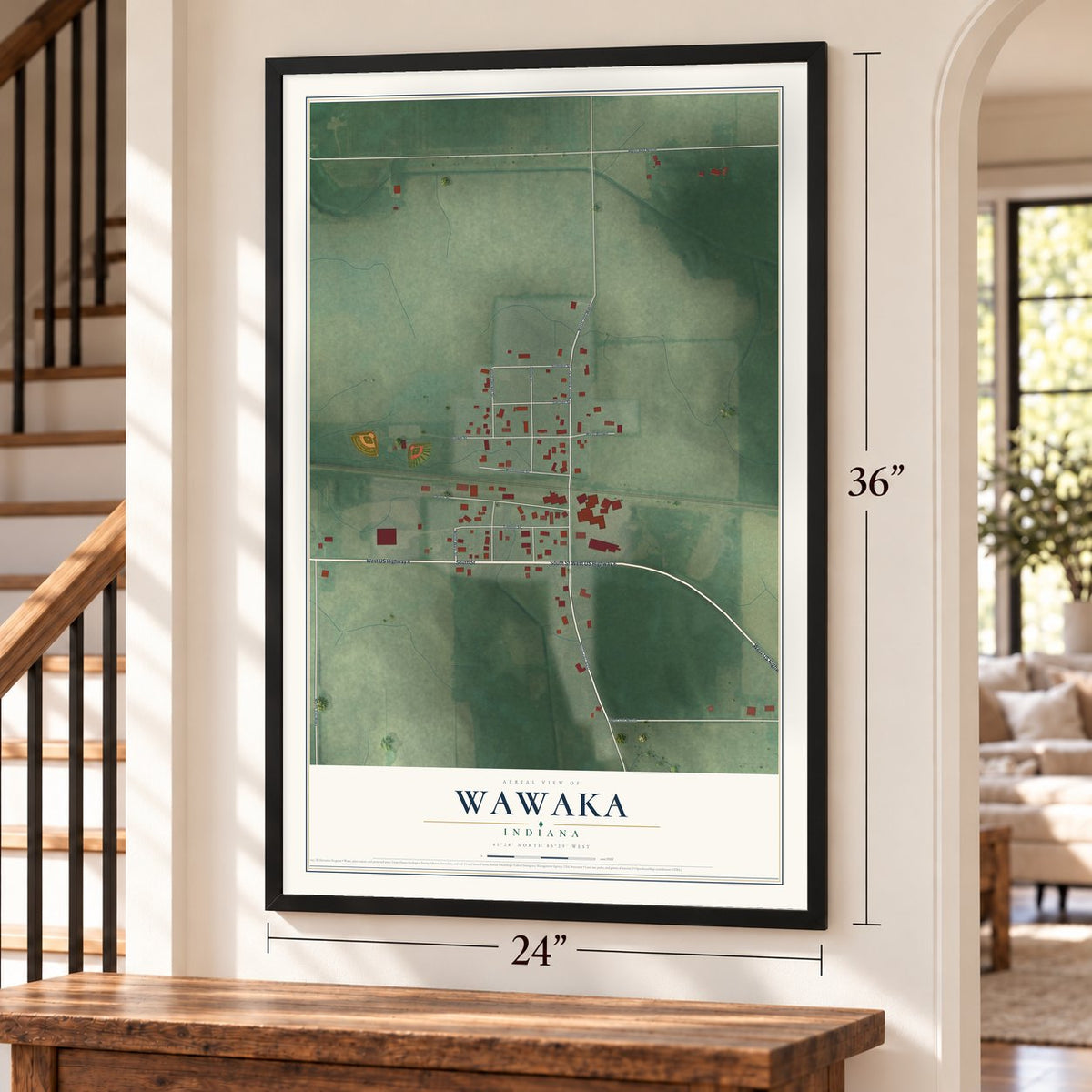 Wawaka, Indiana map, 24 x 36 inch print in a black frame by a staircase