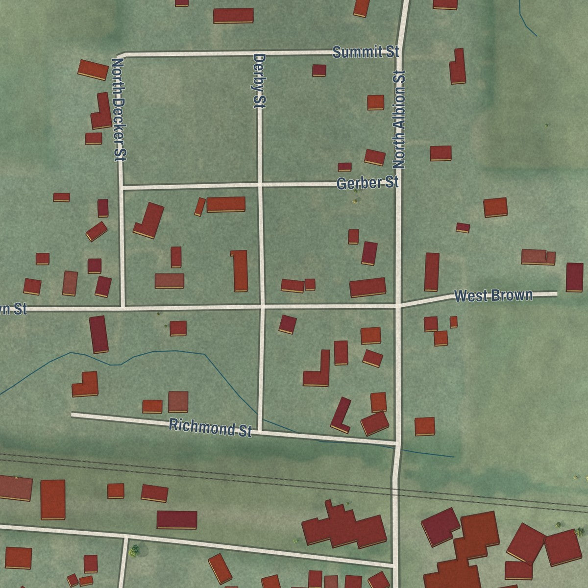 Close-up of the map of Wawaka, Indiana print showing street and building detail