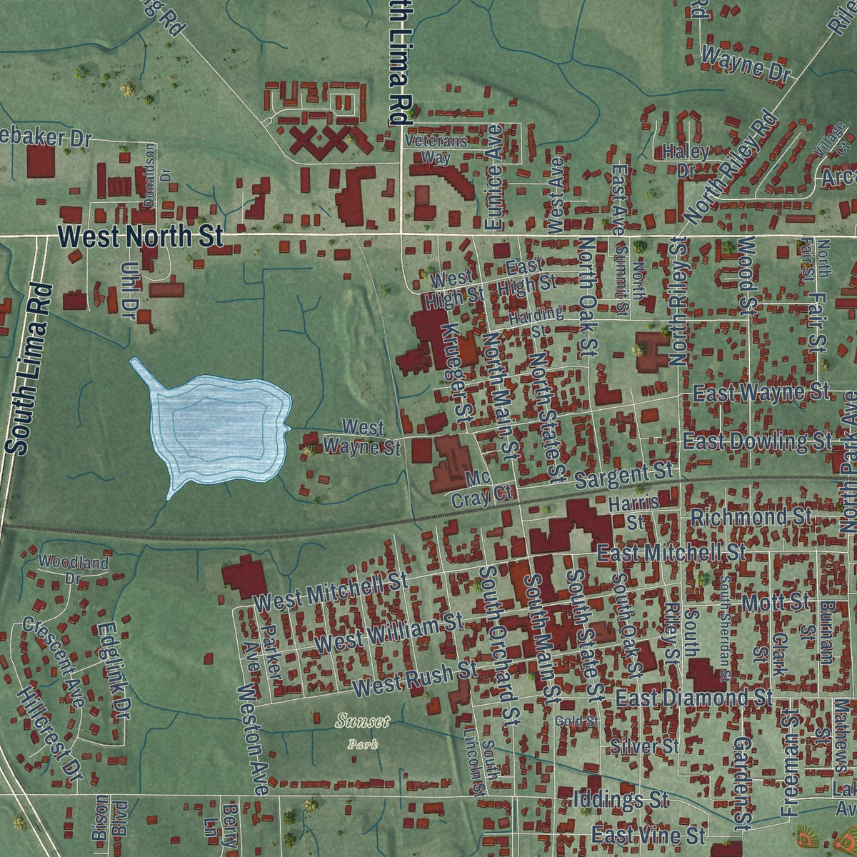 Close-up of the map of Wayne Center, Indiana print showing street and building detail