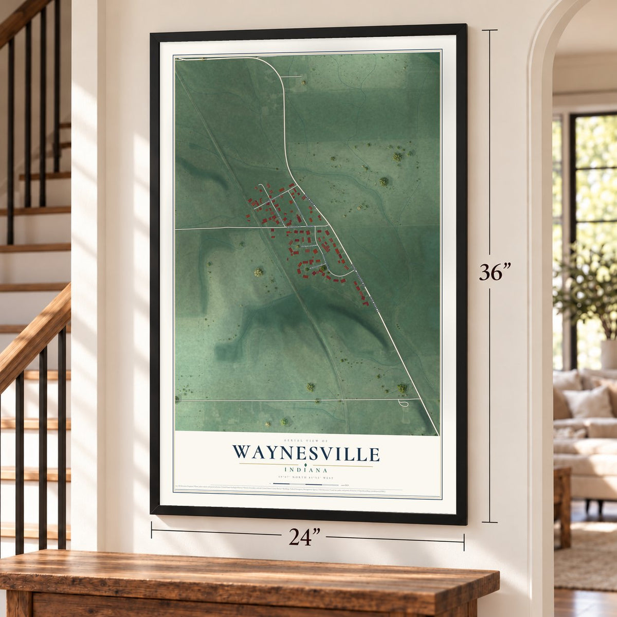 Waynesville, Indiana map, 24 x 36 inch print in a black frame by a staircase