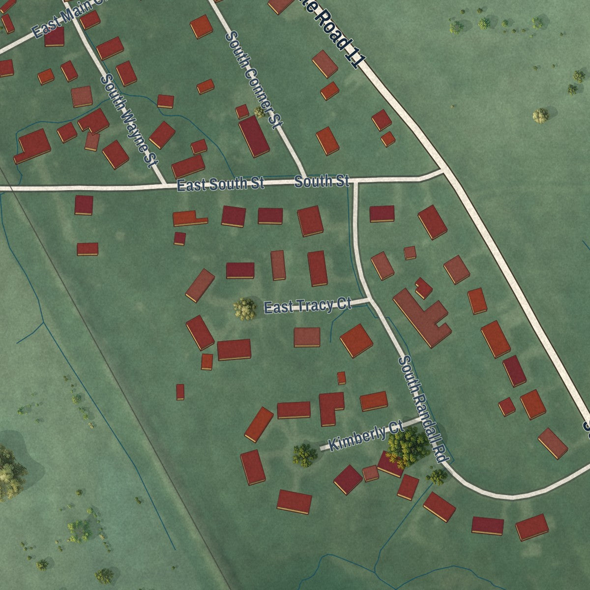 Close-up of the map of Waynesville, Indiana print showing street and building detail