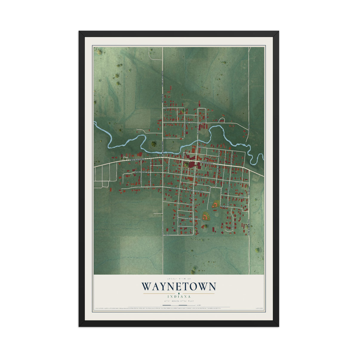 Map of Waynetown, Indiana, 12 x 18 inch print in a black wood frame