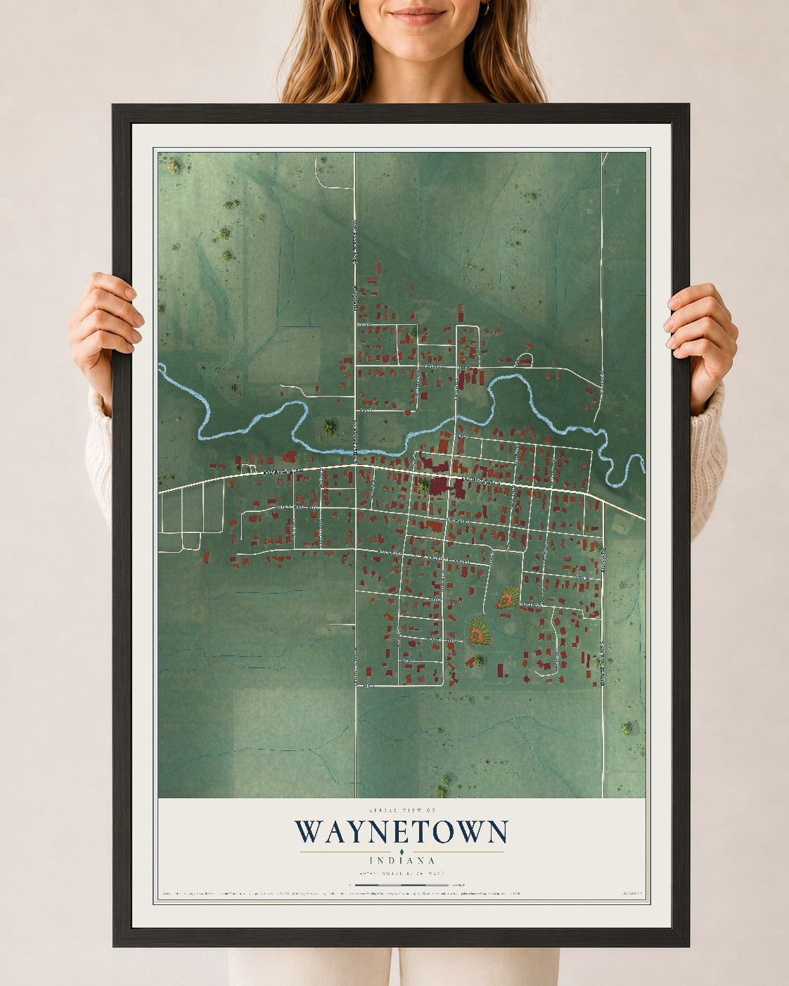 Map of Waynetown, Indiana, 24 x 36 inch print in a black wood frame