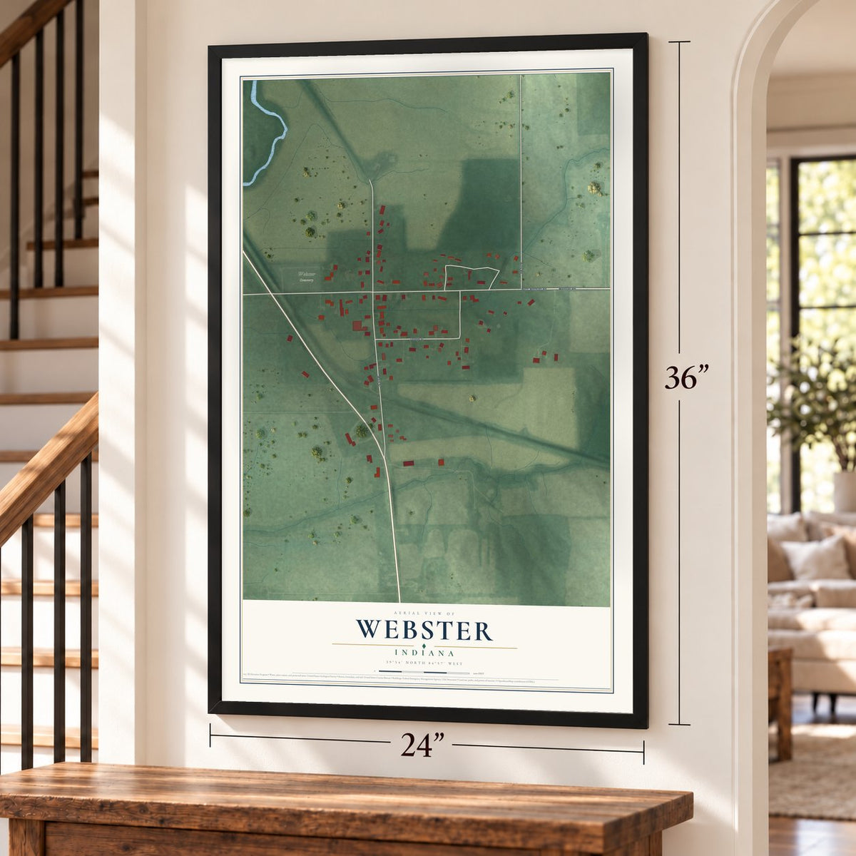 Webster, Indiana map, 24 x 36 inch print in a black frame by a staircase