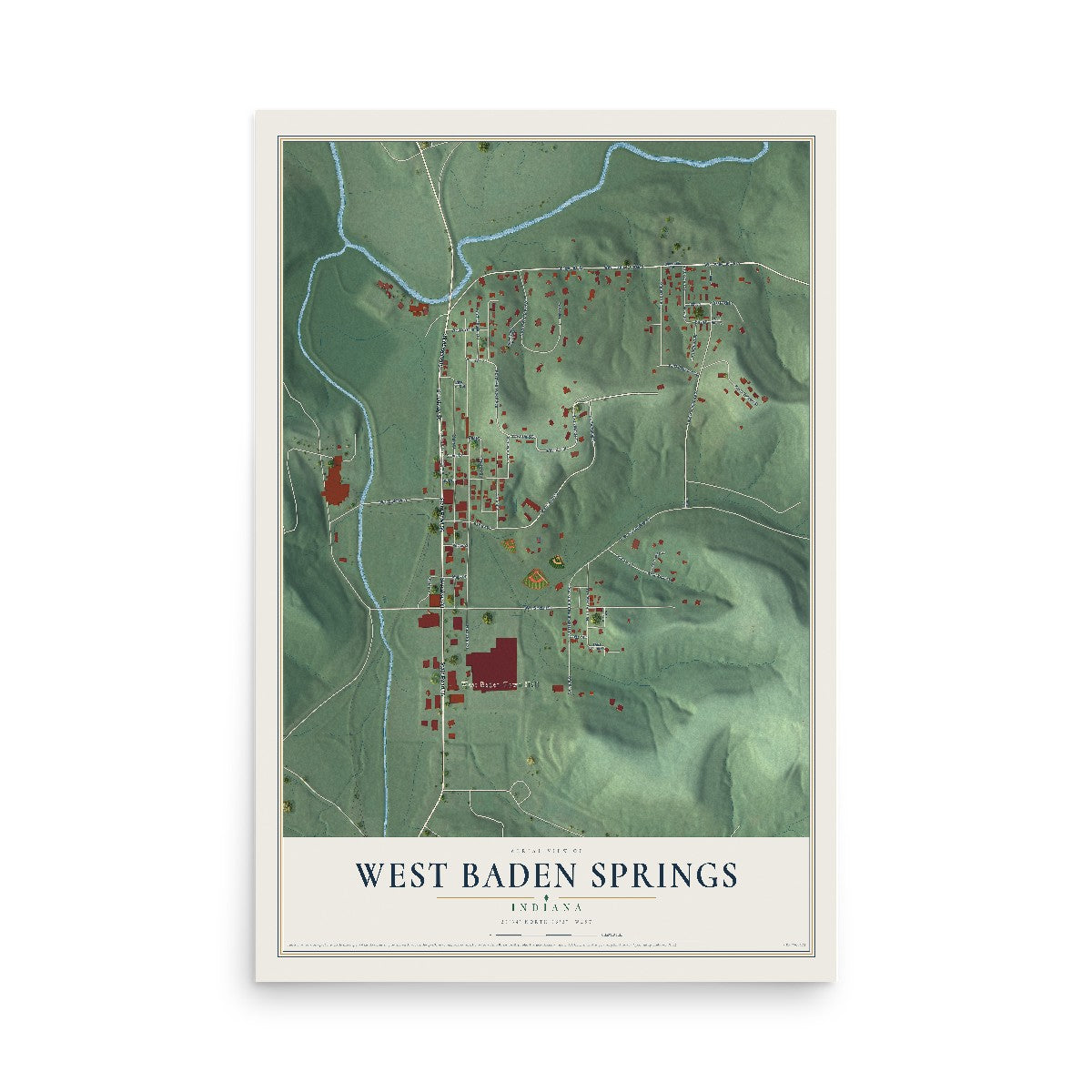 Map of West Baden Springs, Indiana, 12 x 18 inch unframed archival matte print