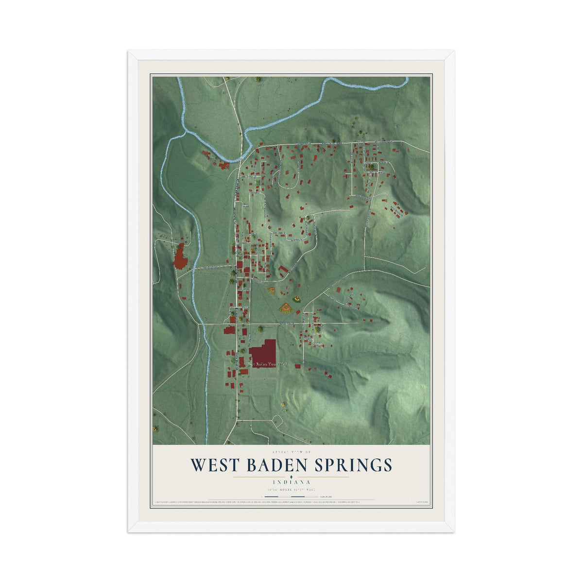 Map of West Baden Springs, Indiana, 12 x 18 inch print in a white wood frame
