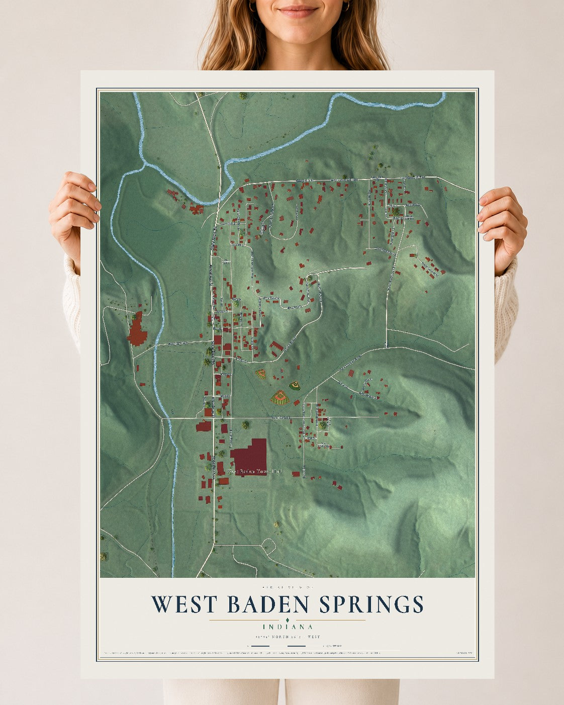 Map of West Baden Springs, Indiana, 24 x 36 inch unframed archival matte print