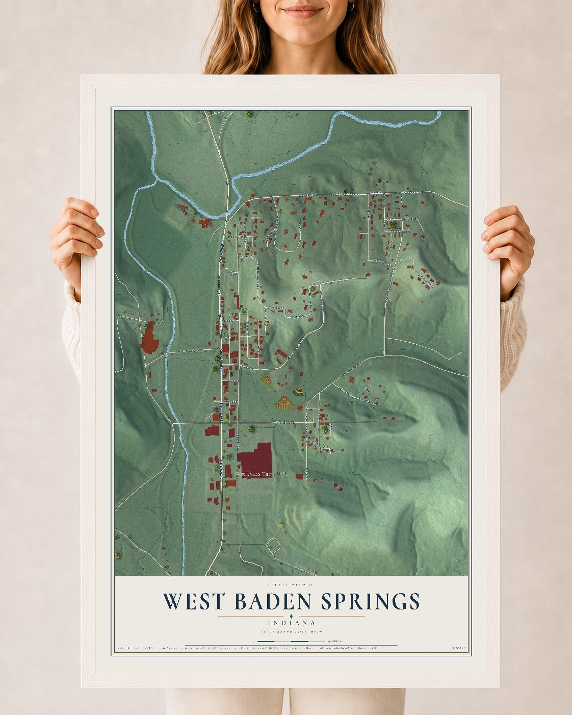 Map of West Baden Springs, Indiana, 24 x 36 inch print in a white wood frame